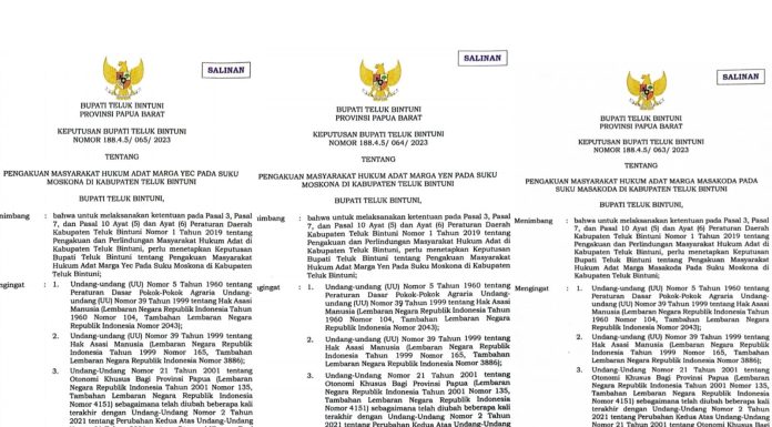 Bupati Teluk Bintuni Tetapkan Masyarakat Hukum Adat Suku Moskona