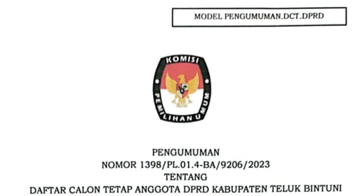 PENGUMUMAN DAFTAR CALON TETAP ANGGOTA DPRD KABUPATEN TELUK BINTUNI DALAM PEMILIHAN UMUM TAHUN 2024