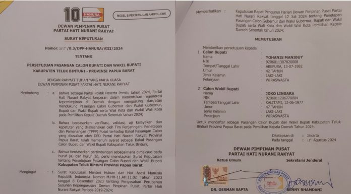 Partai Hanura Berikan SK Persetujuan Parpol ke Paslon YO JOIN Maju Pilkada Teluk Bintuni
