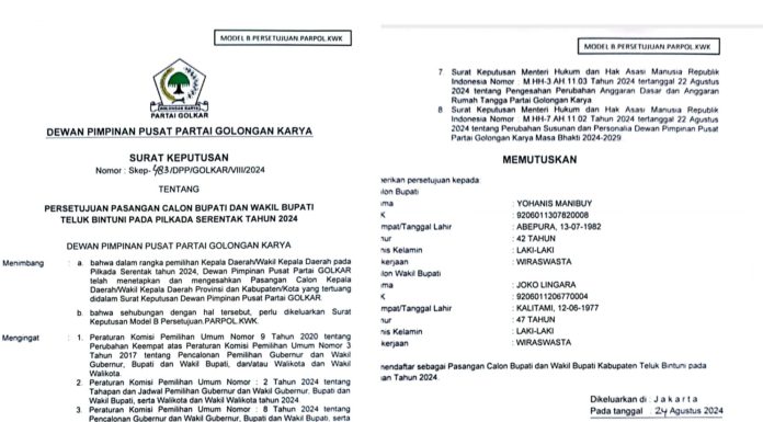 Sah, YO JOIN Terima SK B.Persetujuan Parpol KWK dari Partai Golkar