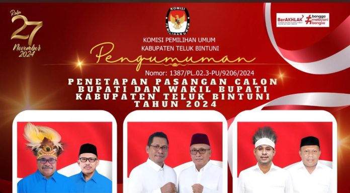 Data KPUD Teluk Bintuni; Suara Sah Pengusung YO JOIN 28.595, DAMAI 8.813 dan ROMA 7.069