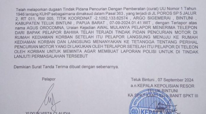 AO, Tokoh Pemuda Teluk Bintuni Dilaporkan Mencuri Motor ke Polisi