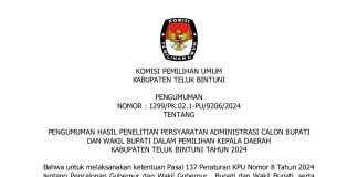 PENGUMUMAN HASIL PENELITIAN PERSYARATAN ADMINISTRASI CALON BUPATI DAN WAKIL BUPATI DALAM PEMILIHAN KEPALA DAERAH KABUPATEN TELUK BINTUNI TAHUN 2024