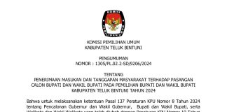 PENGUMUMAN TENTANG PENERIMAAN MASUKAN DAN TANGGAPAN MASYARAKAT TERHADAP PASANGAN CALON BUPATI DAN WAKIL BUPATI PADA PEMILIHAN BUPATI DAN WAKIL BUPATI KABUPATEN TELUK BINTUNI TAHUN 2024