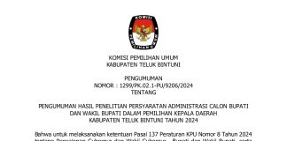 PENGUMUMAN HASIL PENELITIAN PERSYARATAN ADMINISTRASI CALON BUPATI DAN WAKIL BUPATI DALAM PEMILIHAN KEPALA DAERAH KABUPATEN TELUK BINTUNI TAHUN 2024