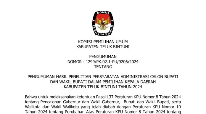 PENGUMUMAN HASIL PENELITIAN PERSYARATAN ADMINISTRASI CALON BUPATI DAN WAKIL BUPATI DALAM PEMILIHAN KEPALA DAERAH KABUPATEN TELUK BINTUNI TAHUN 2024