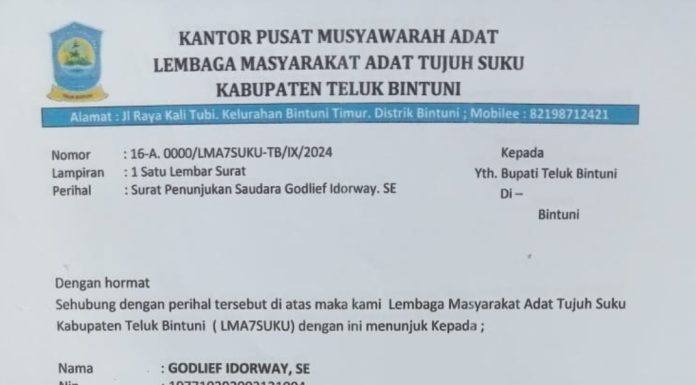 LMA 7 Suku Teluk Bintuni Usulkan Godlief Sebagai Plt Kepala Bappelitbangda, Memenuhi Syarat dan Berpengalaman