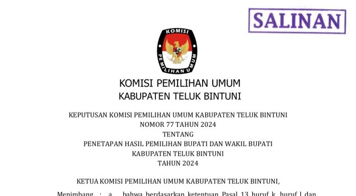 KEPUTUSAN KOMISI PEMILIHAN UMUM KABUPATEN TELUK BINTUNI NOMOR 77 TAHUN 2024