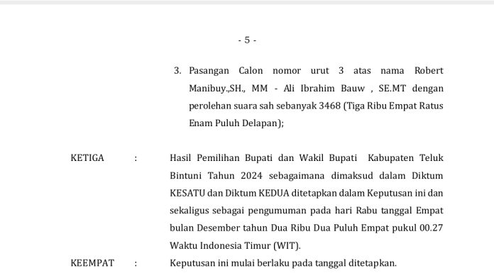 KEPUTUSAN KOMISI PEMILIHAN UMUM KABUPATEN TELUK BINTUNI NOMOR 77 TAHUN 2024