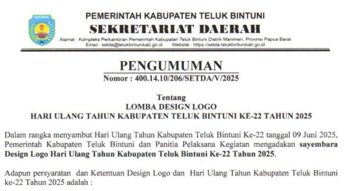 Sambut Hari Jadi ke 22, Pemda Teluk Bintuni Gelar Lomba Desain Logo Ulang Tahun